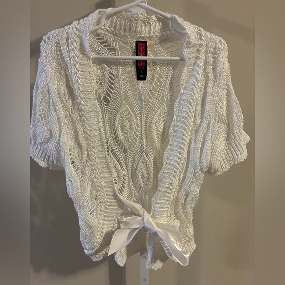Say What? Other - Say What? White Open Knit Ribbon-Tie Cardigan
